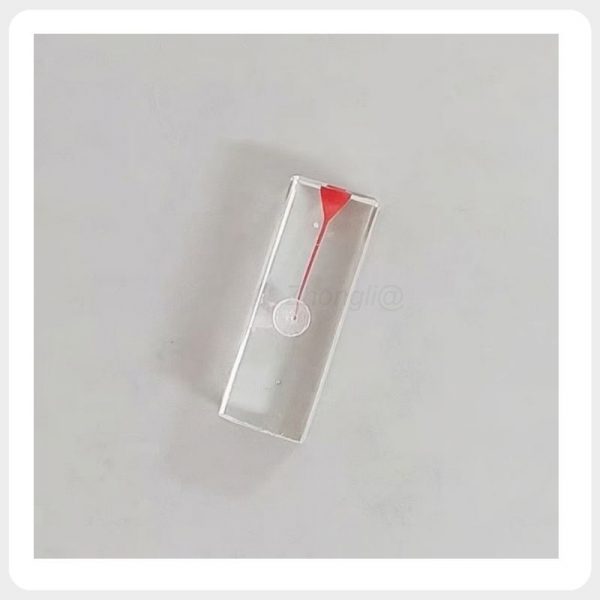 Transparent Resin Root Canal Training Block Detail Front view of a transparent resin practice block with a red-stained chamber and a simulated root canal that curves toward one side. The clear body makes the canal route easy to observe.