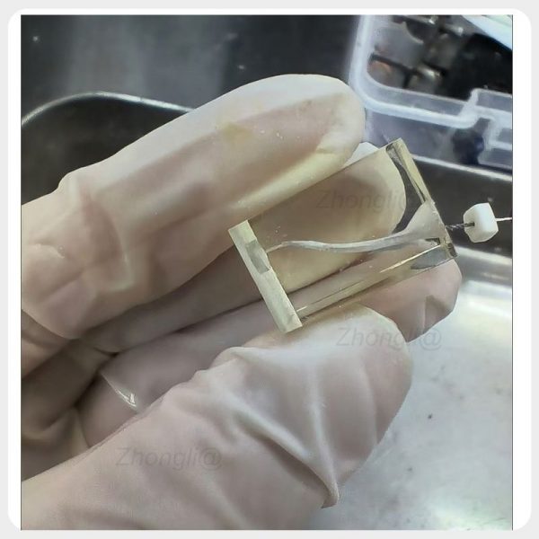 Root Canal Instrument Practice Close-Up Endodontic instrument inserted into a simulated canal in a transparent resin training block